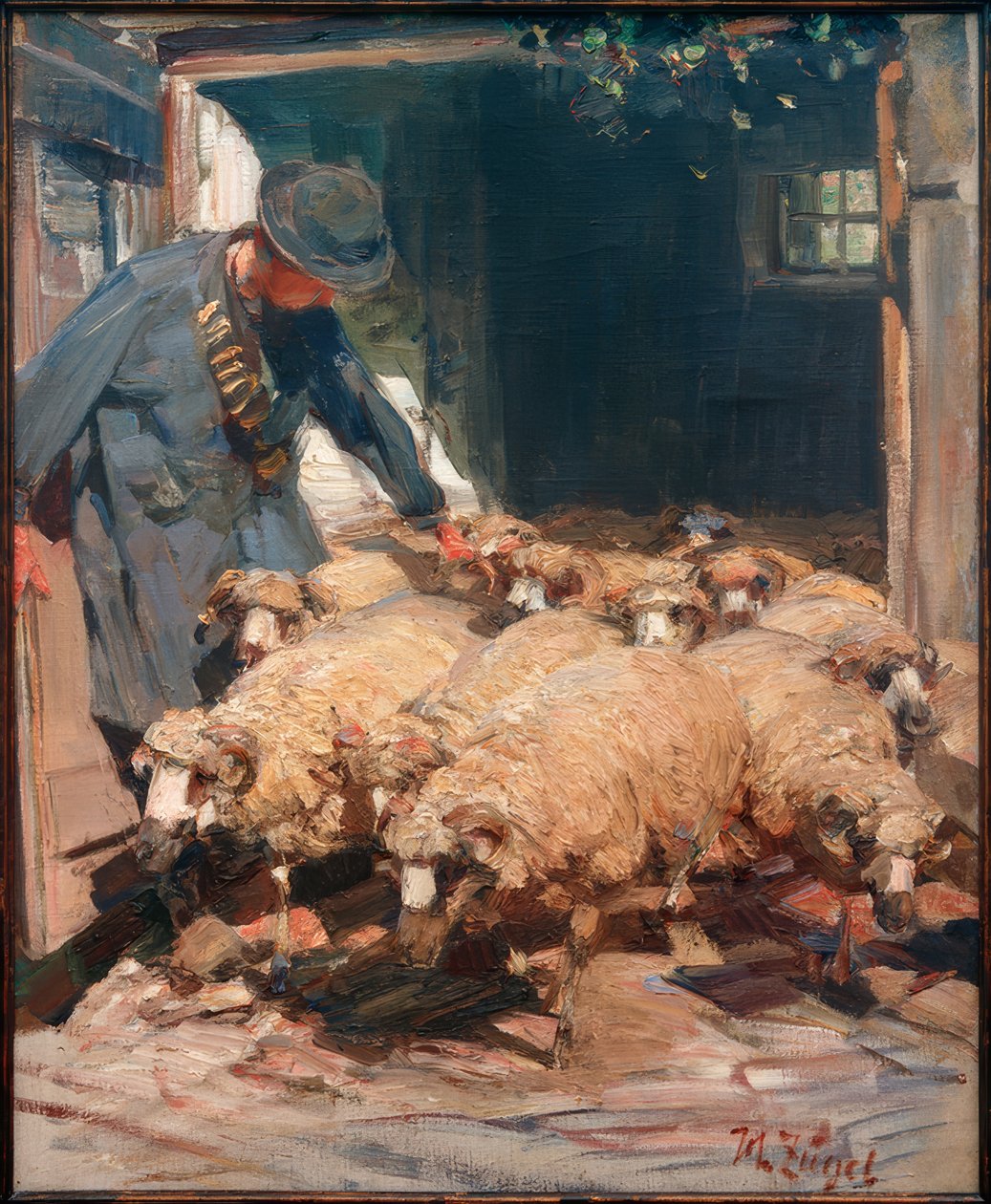 Shepherd släpper ut får ur stallet av Heinrich von Zügel