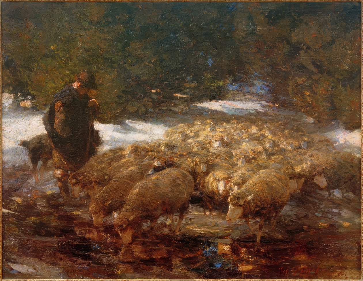 Herde med får i landskapet av Heinrich von Zügel
