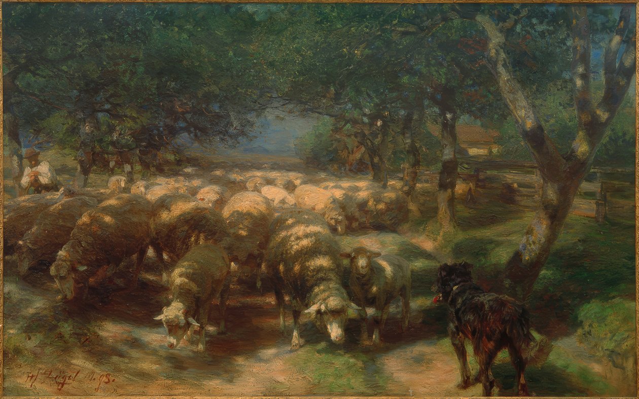 Flock får med hund av Heinrich von Zügel