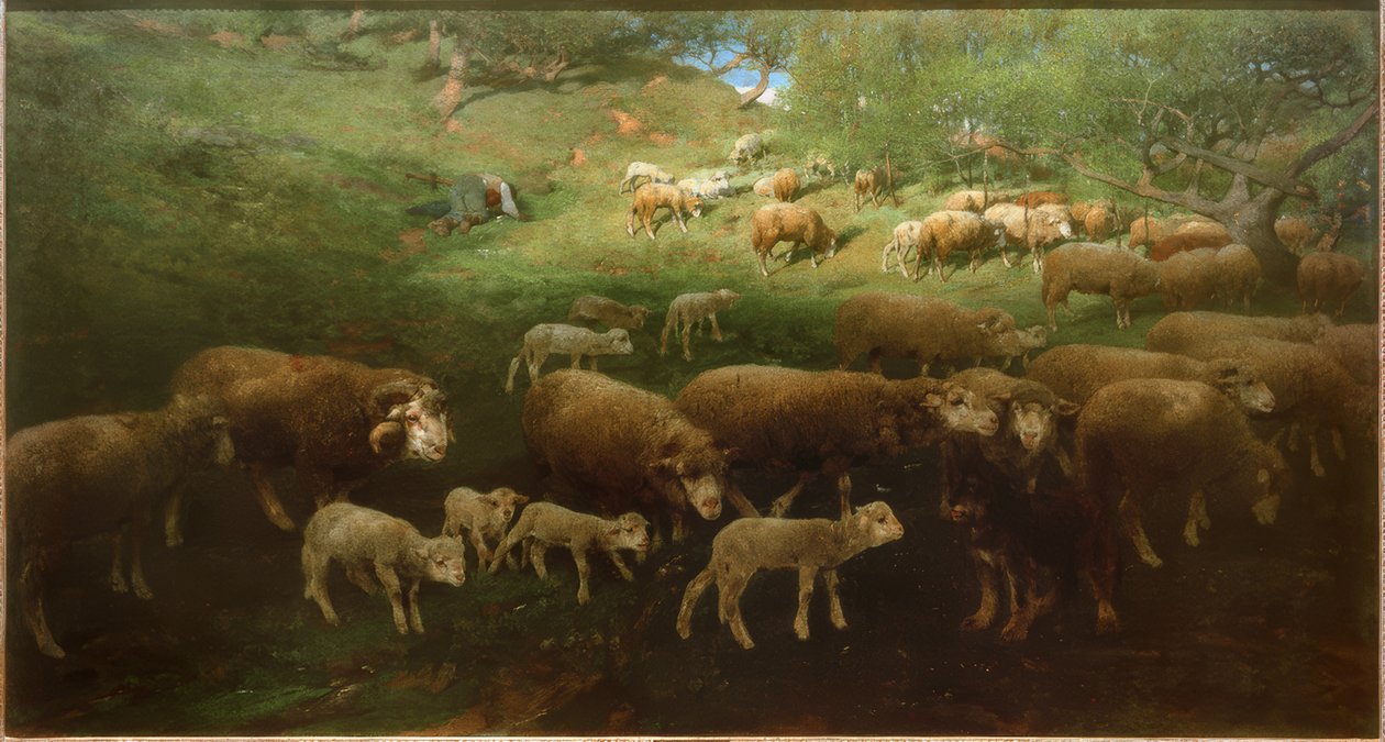 Flock får med lamm av Heinrich von Zügel