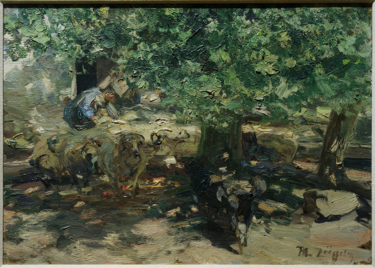 Framför stallet (flock får tränger in i stallet) av Heinrich von Zügel