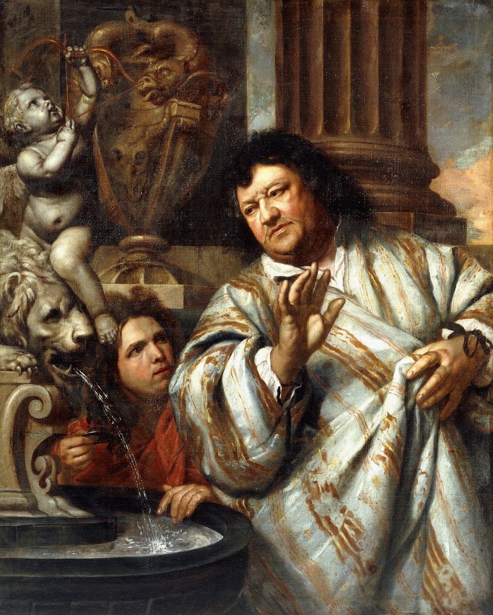 Porträtt av amiral Cornelius Tromp och en skötare bredvid en fontän av Heironymous Van Orley