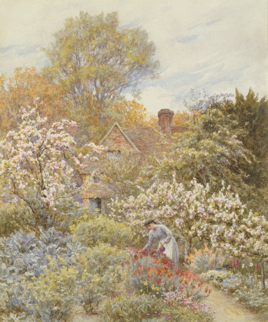 En trädgård på våren (wc på papper) av Helen Allingham