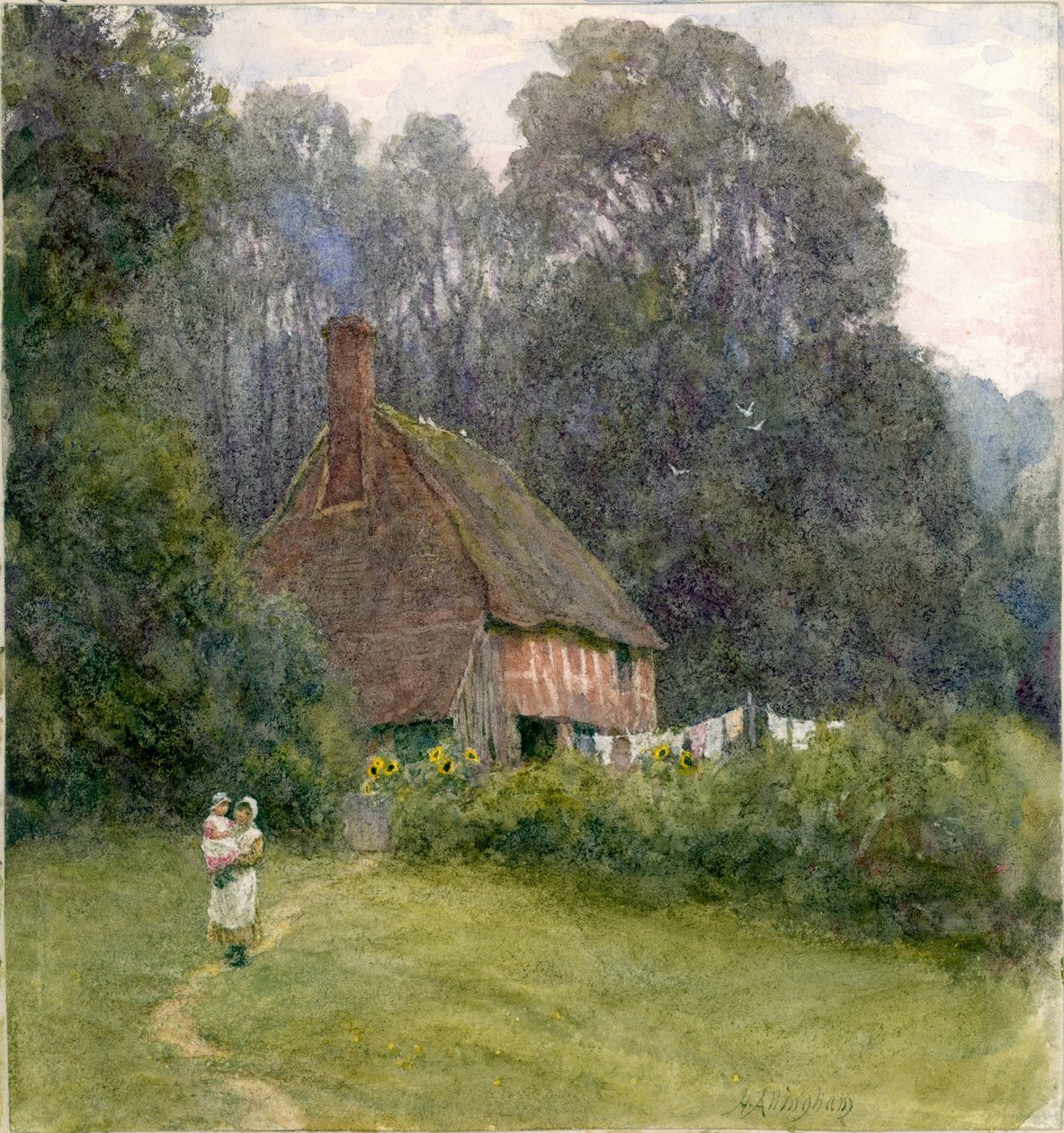 Stuga med figurer (bc och wc på papper) av Helen Allingham