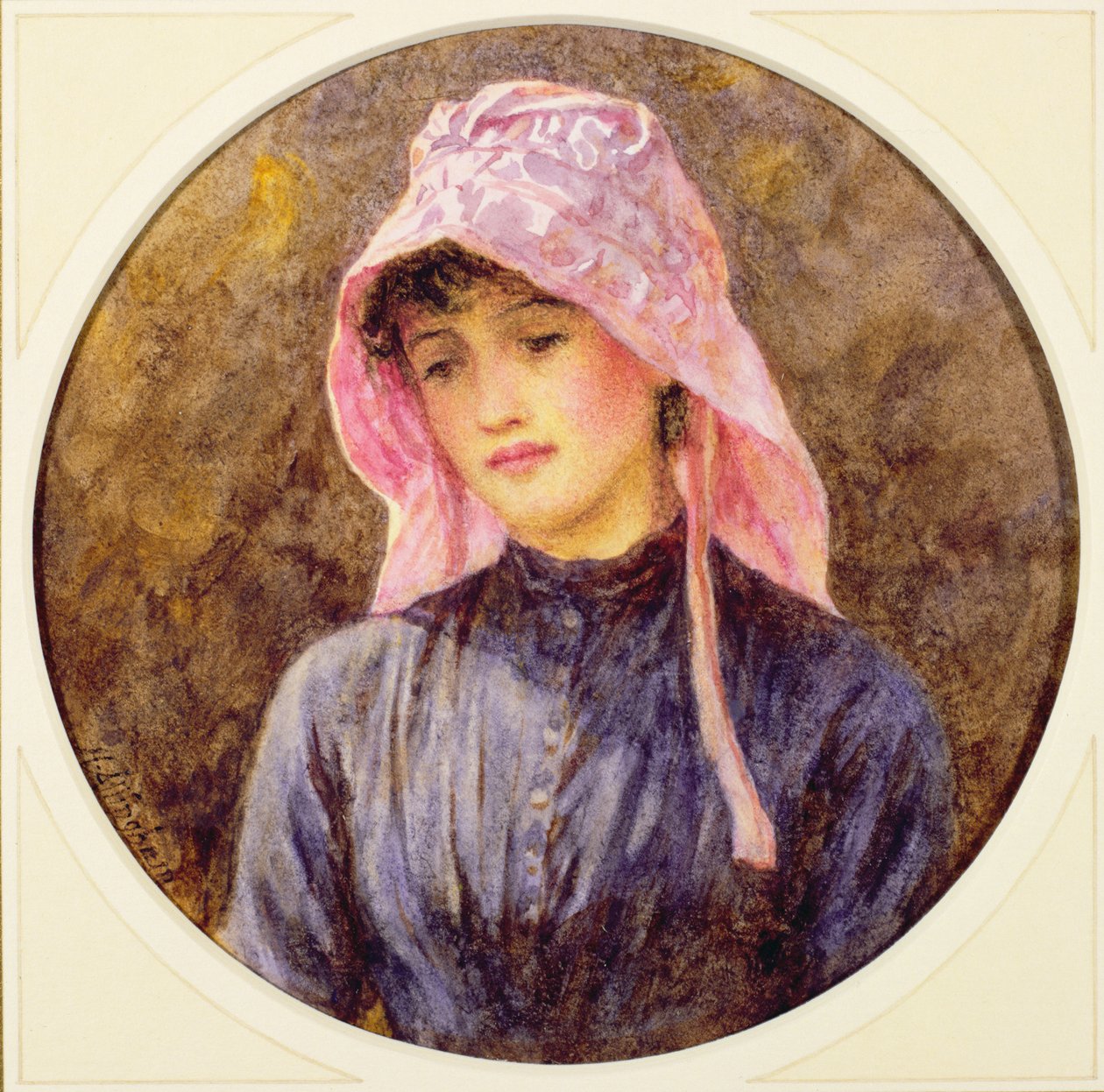 Porträtt av en flicka i rosa hatt av Helen Allingham