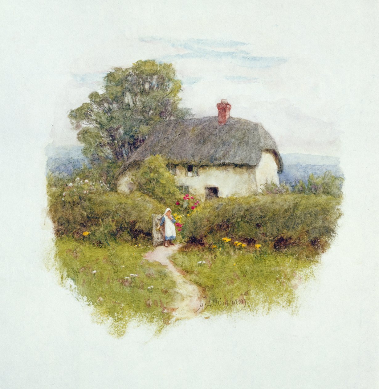 Msichana mdogo karibu na Lango la Cottage (wc kwenye karatasi)swed av Helen Allingham