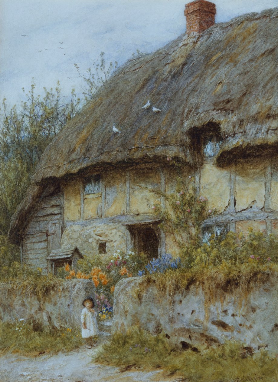 En Berkshire Cottage (akvarell med utskrapa) av Helen Allingham