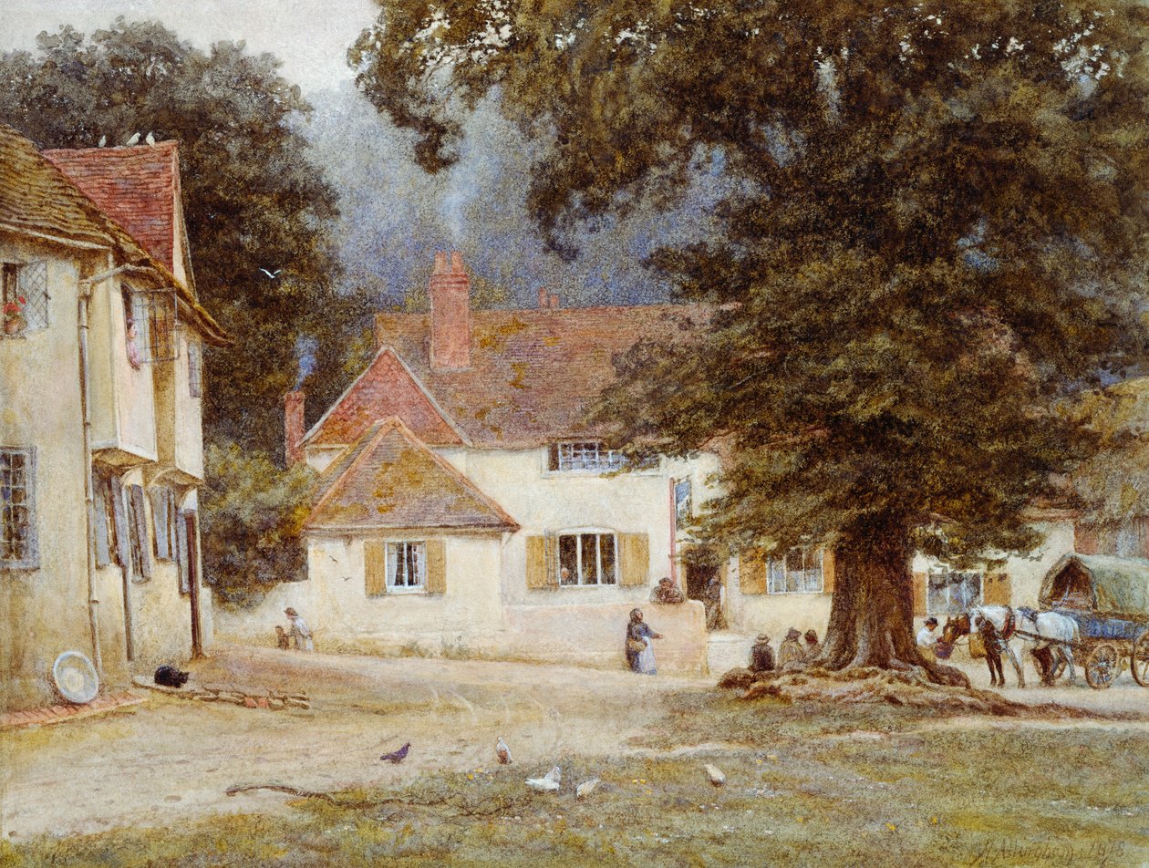 En vagn av ett Village Inn av Helen Allingham