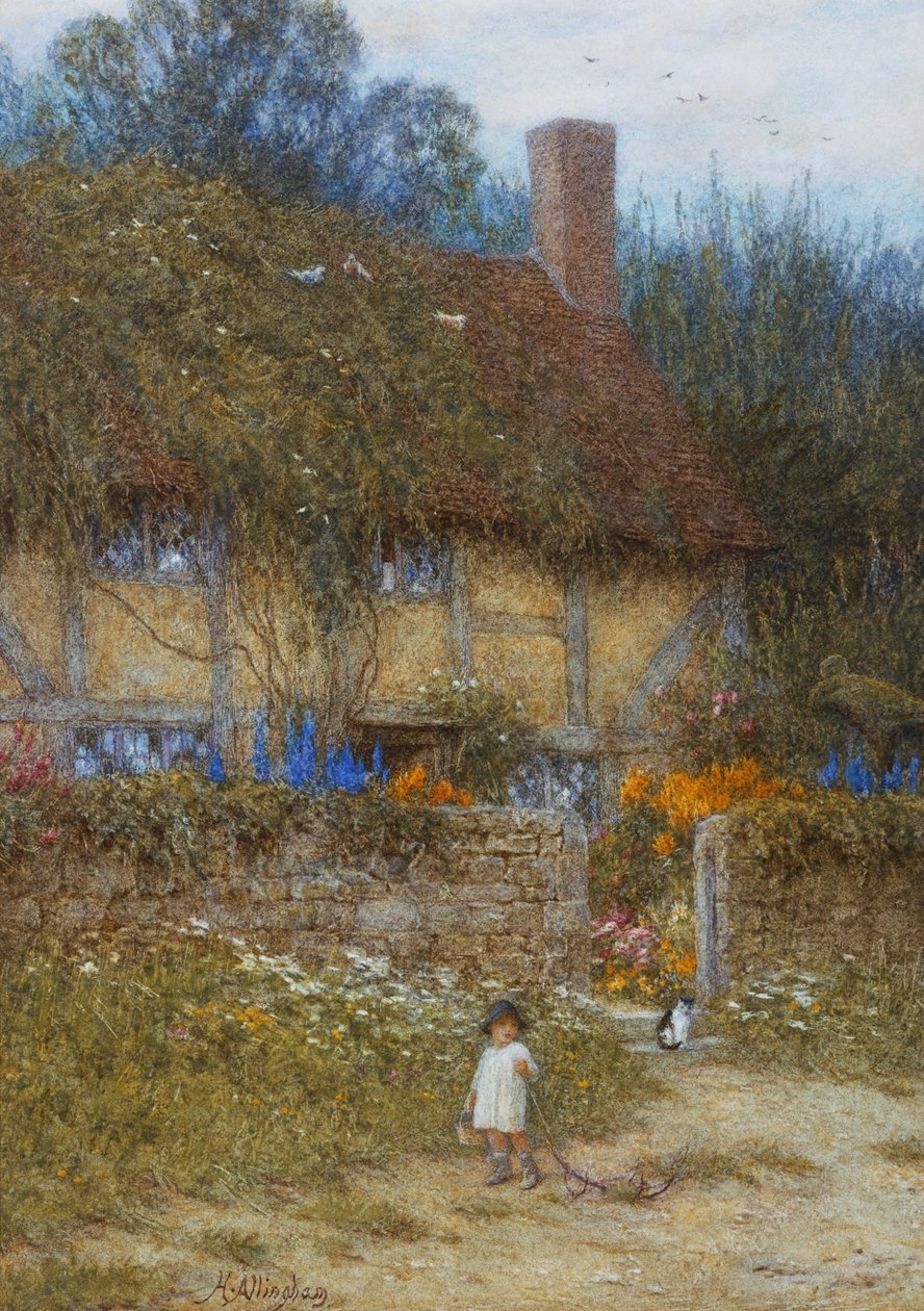 En stuga nära Godalming, Surrey (akvarell med utskrapa) av Helen Allingham