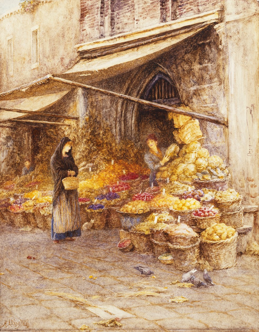 Ett fruktstånd vid basen av Campanile, San Giovanni Elemosinario, nära rialto, Venedig, av Helen Allingham