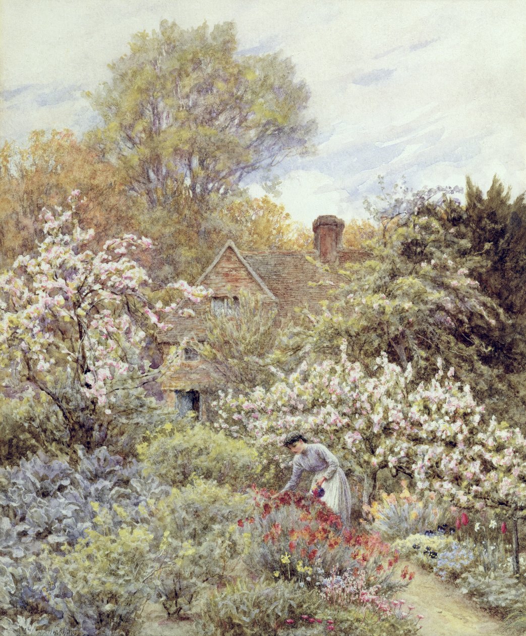 En trädgård på våren (akvarell på papper) av Helen Allingham