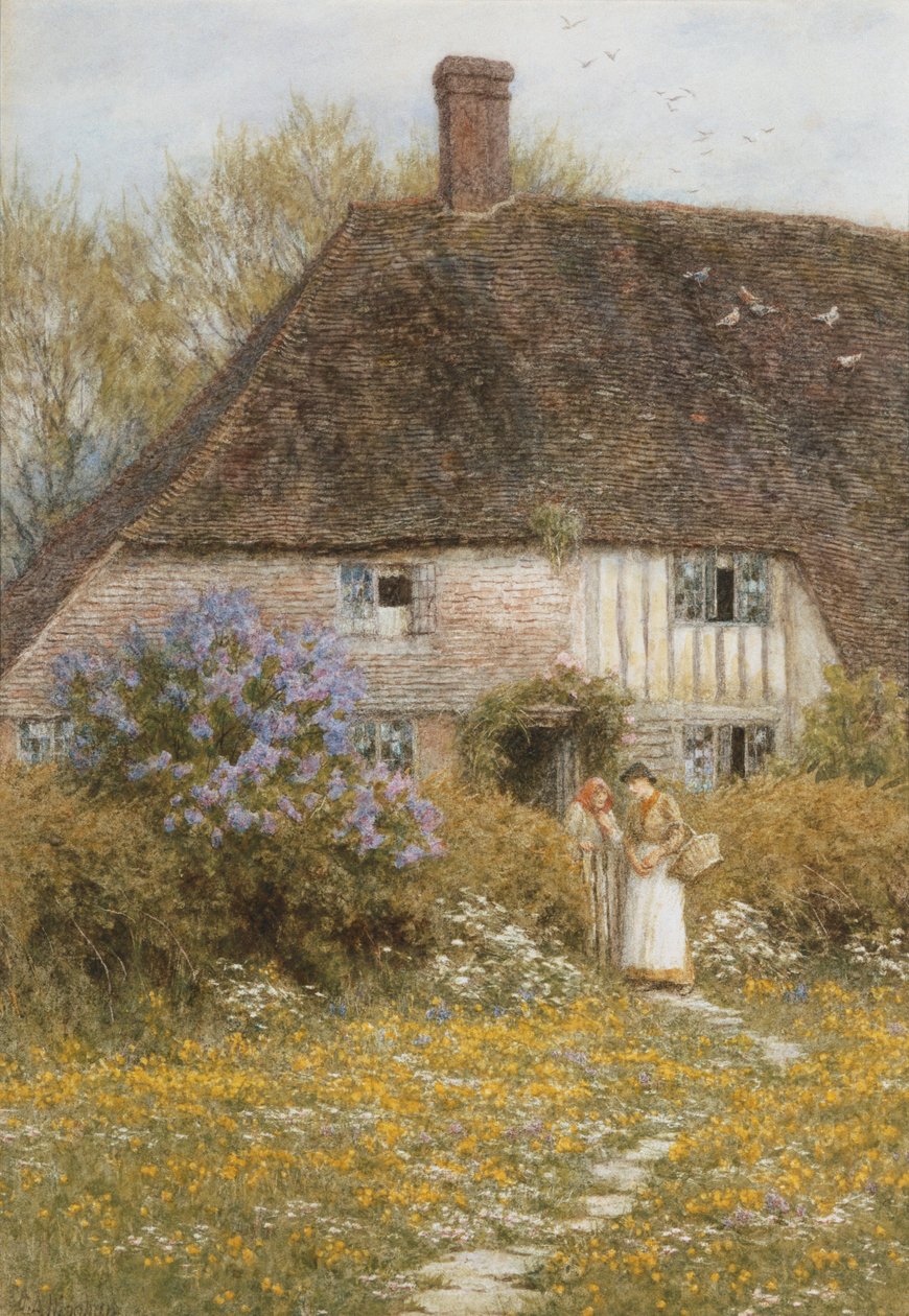 A Kentish Cottage (akvarell med utskrapa) av Helen Allingham