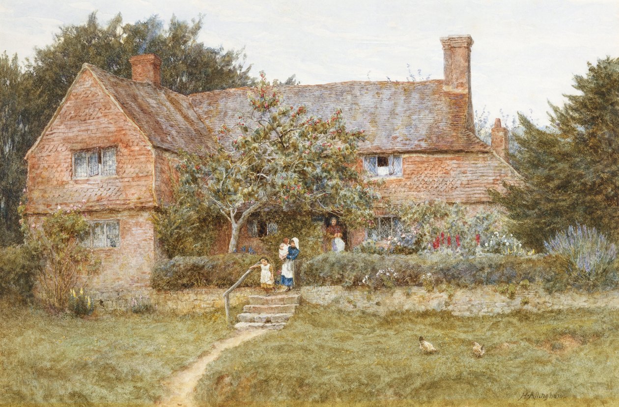 En stuga i Surrey med en mamma och hennes barn (akvarell med utskrapa) av Helen Allingham