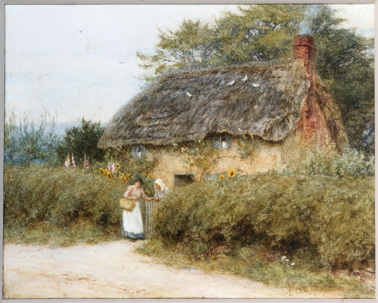 En stuga med halmtak nära Peaslake, Surrey av Helen Allingham