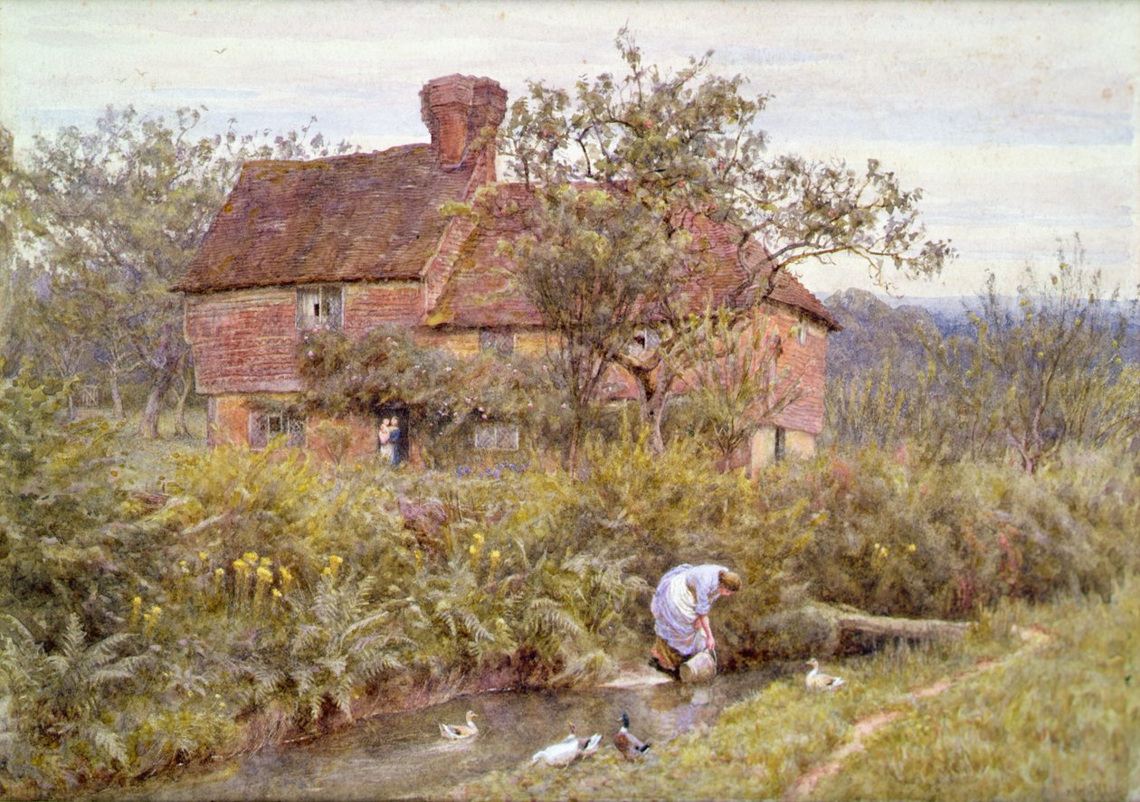 An Old Surrey Cottage (akvarell förhöjd med vitt) av Helen Allingham