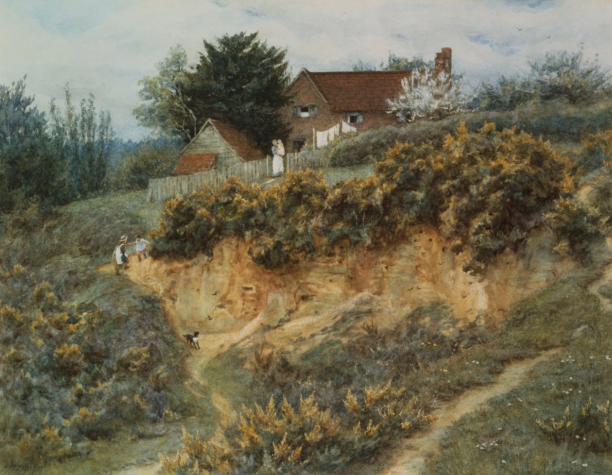 På Sandhills, Witley (akvarell med utskrapa på papper) av Helen Allingham