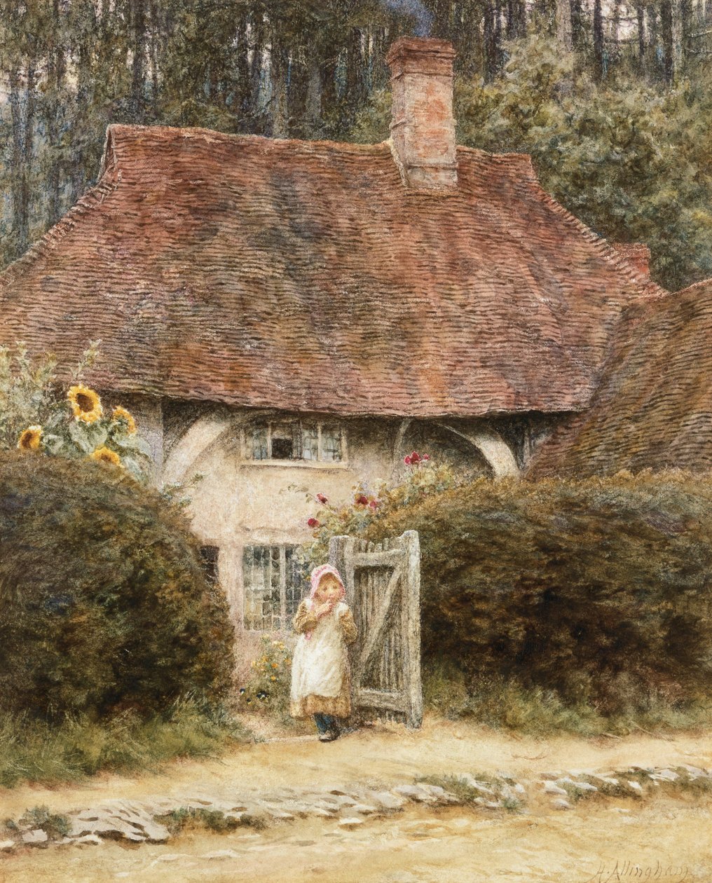 Vid stugporten (akvarell med utskrapa på papper) av Helen Allingham