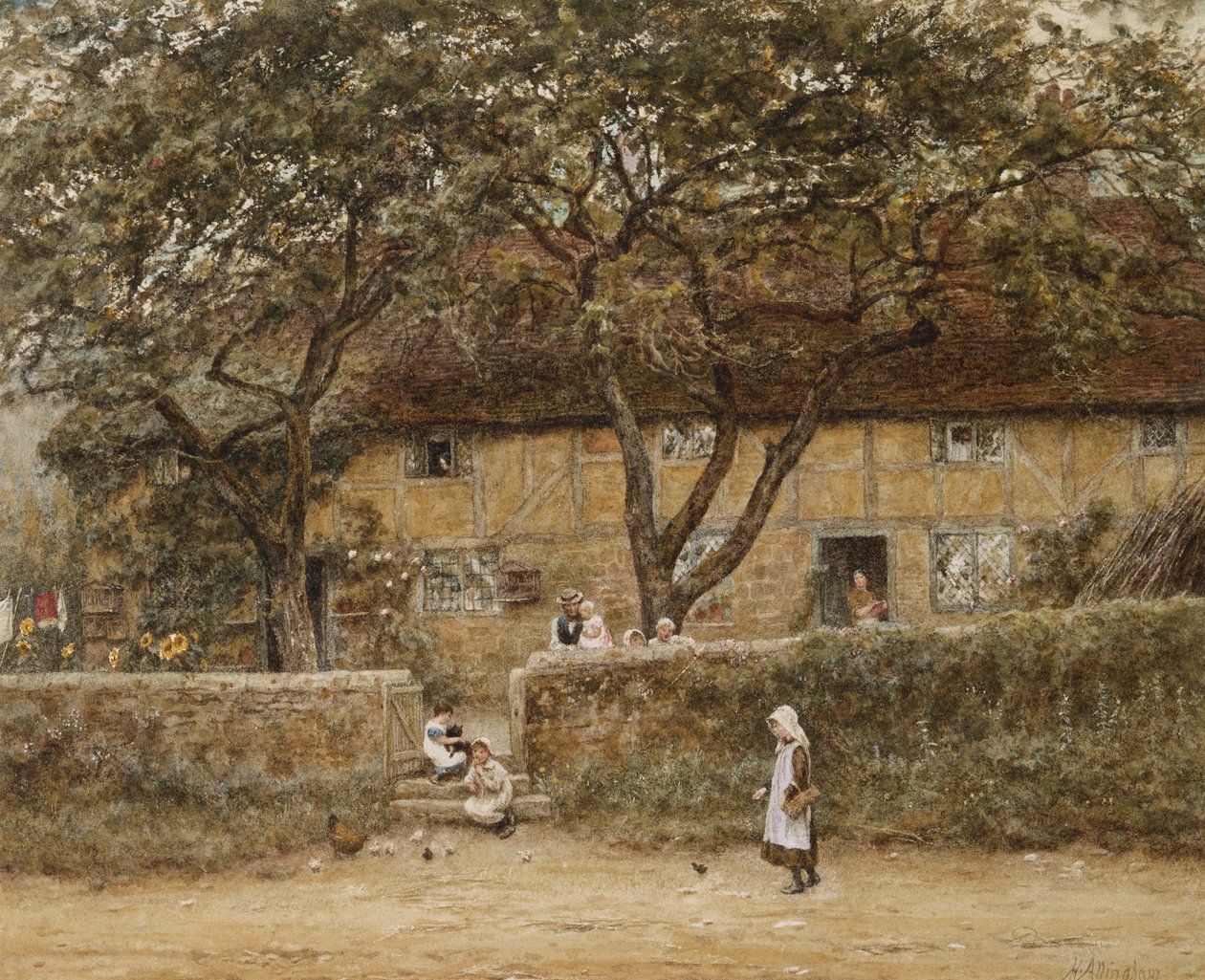 Barn utanför en stuga (akvarell med utskrapa på papper) av Helen Allingham