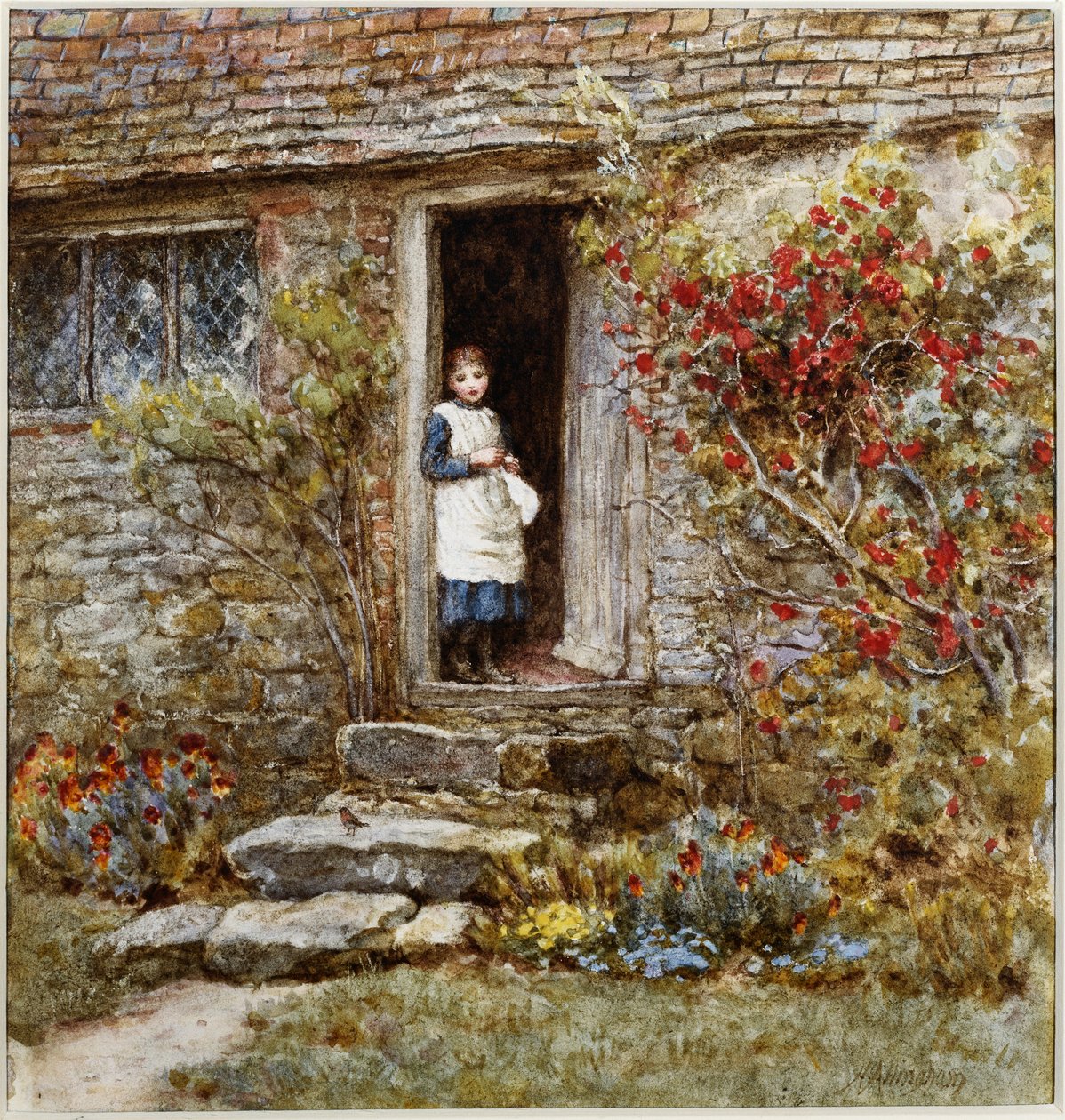 Corcorus Japonica (akvarell med utskrapa) av Helen Allingham