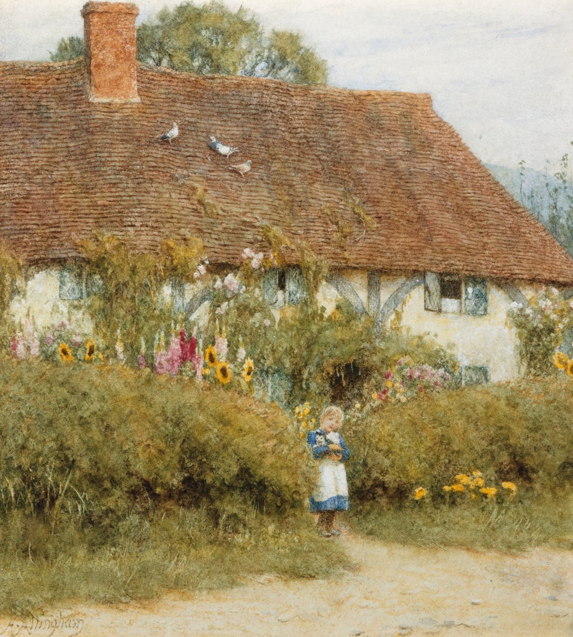 Stuga i West Horsley, Surrey (akvarell med utskrapa) av Helen Allingham