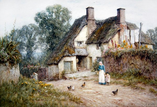Stuga nära Paignton, Devon (akvarell på papper) av Helen Allingham