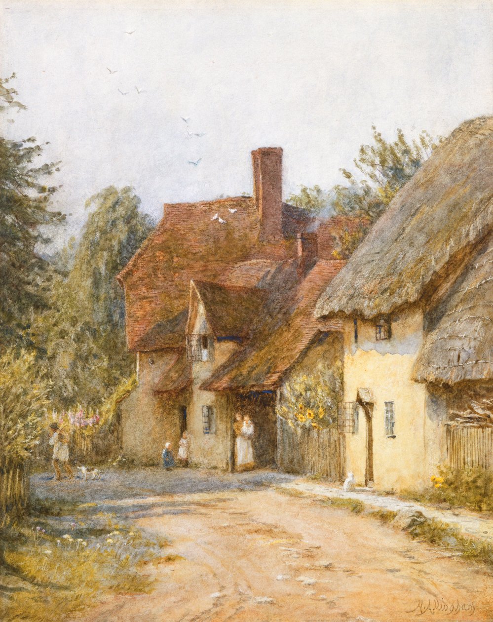 East Hagbourne, Berkshire (akvarell med utskrapa på papper) av Helen Allingham