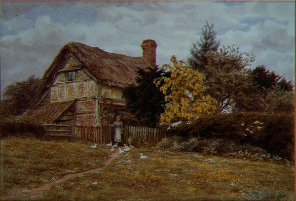 Laburnum Cottage: en kvinna som matar ankor (akvarell) av Helen Allingham