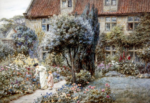 Manor Farm Garden, Yorkshire, ca 1901 (akvarell på papper) av Helen Allingham