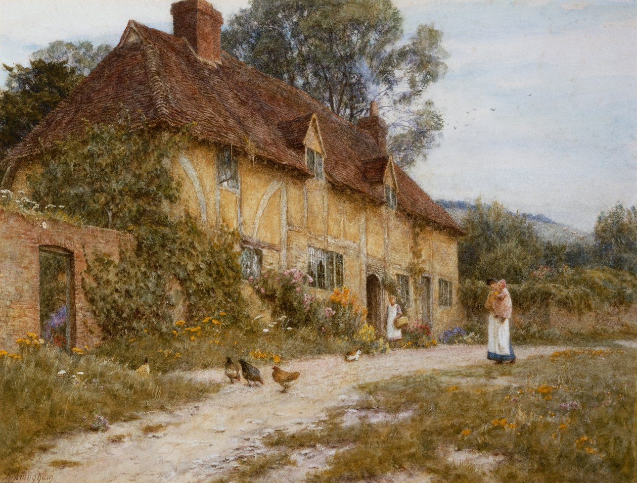 Old Kentish Cottage (akvarell med utskrapa på papper) av Helen Allingham