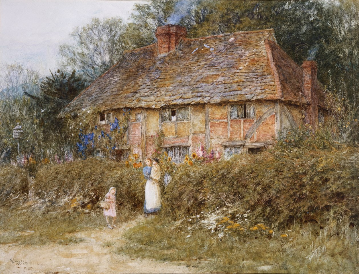 Old Surrey Cottage (akvarell med utskrapa) av Helen Allingham