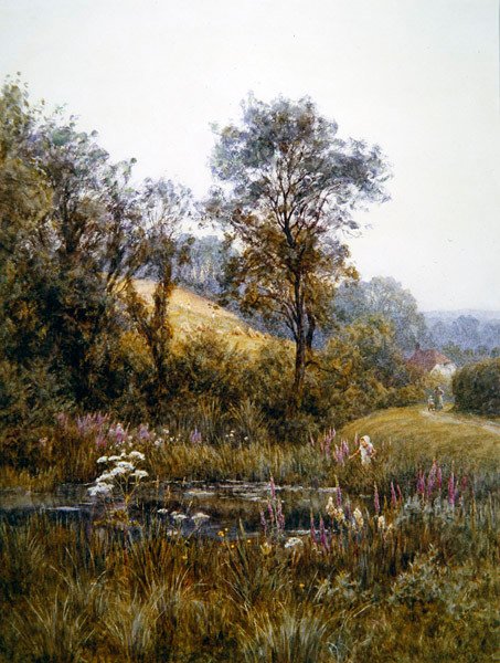Plocka blommor vid dammen (akvarell & skrapa ut på papper) av Helen Allingham