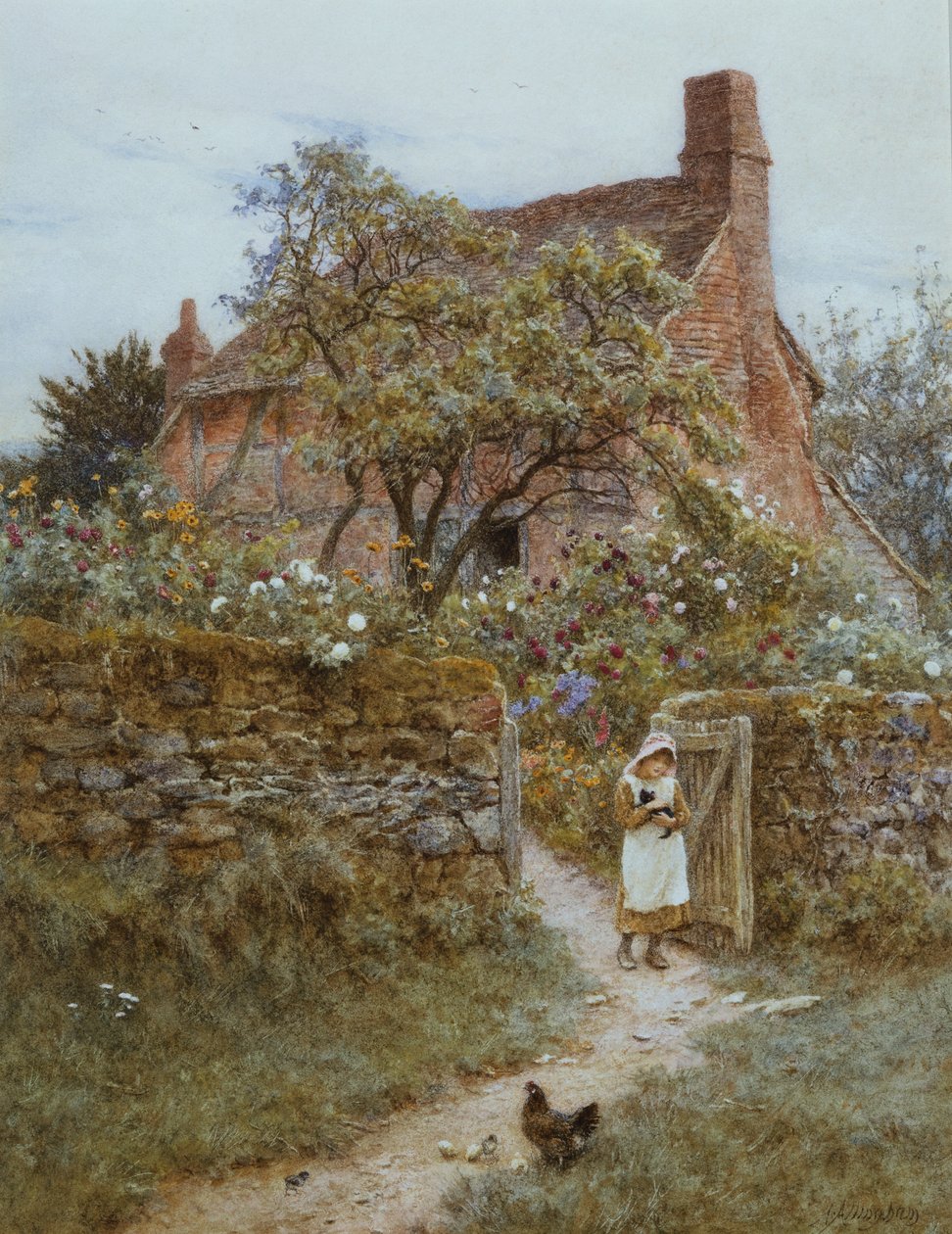 Den svarta kattungen (akvarell med utskrapa) av Helen Allingham