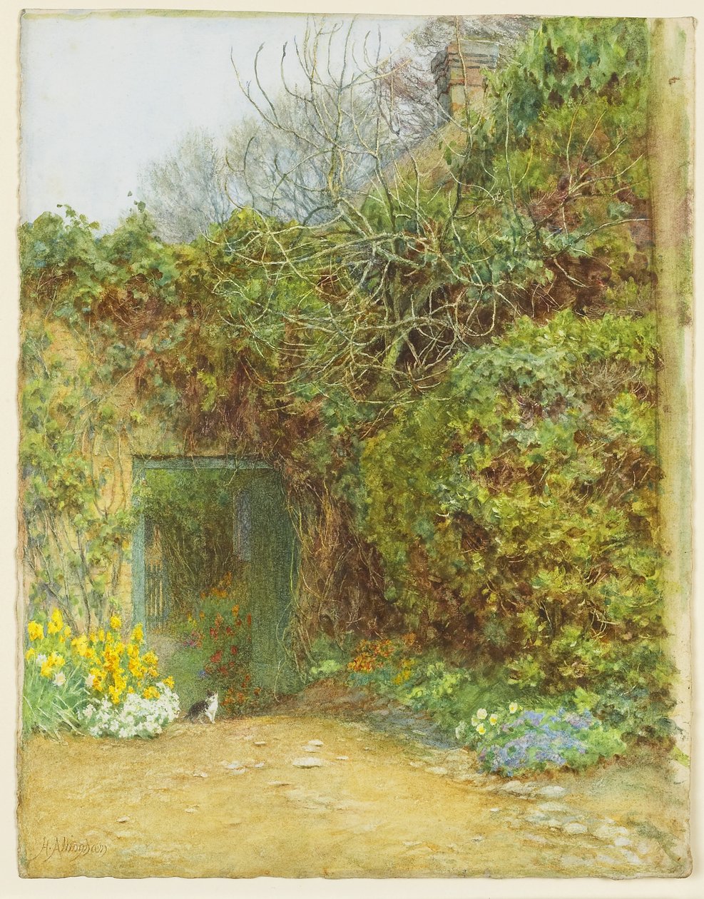 The Dairy Door, Farringford, Lord Tennysons Home, ca 1890 (wc, gummi arabicum & skrapa ut på vävt papper) av Helen Allingham