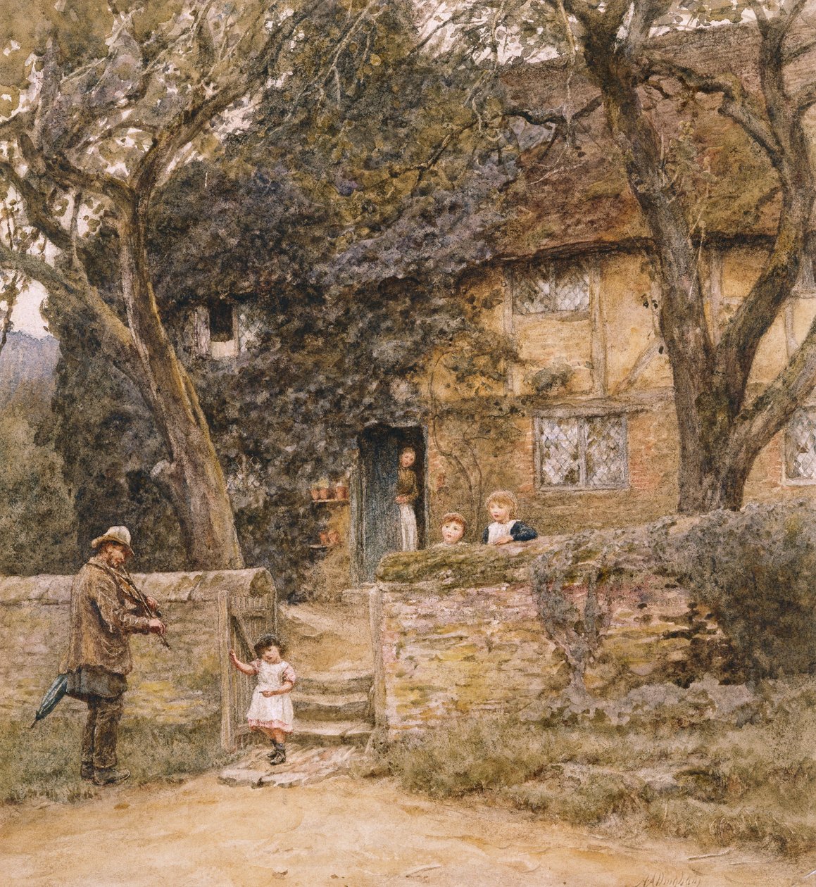 Spelmannen (akvarell med utskrapa) av Helen Allingham