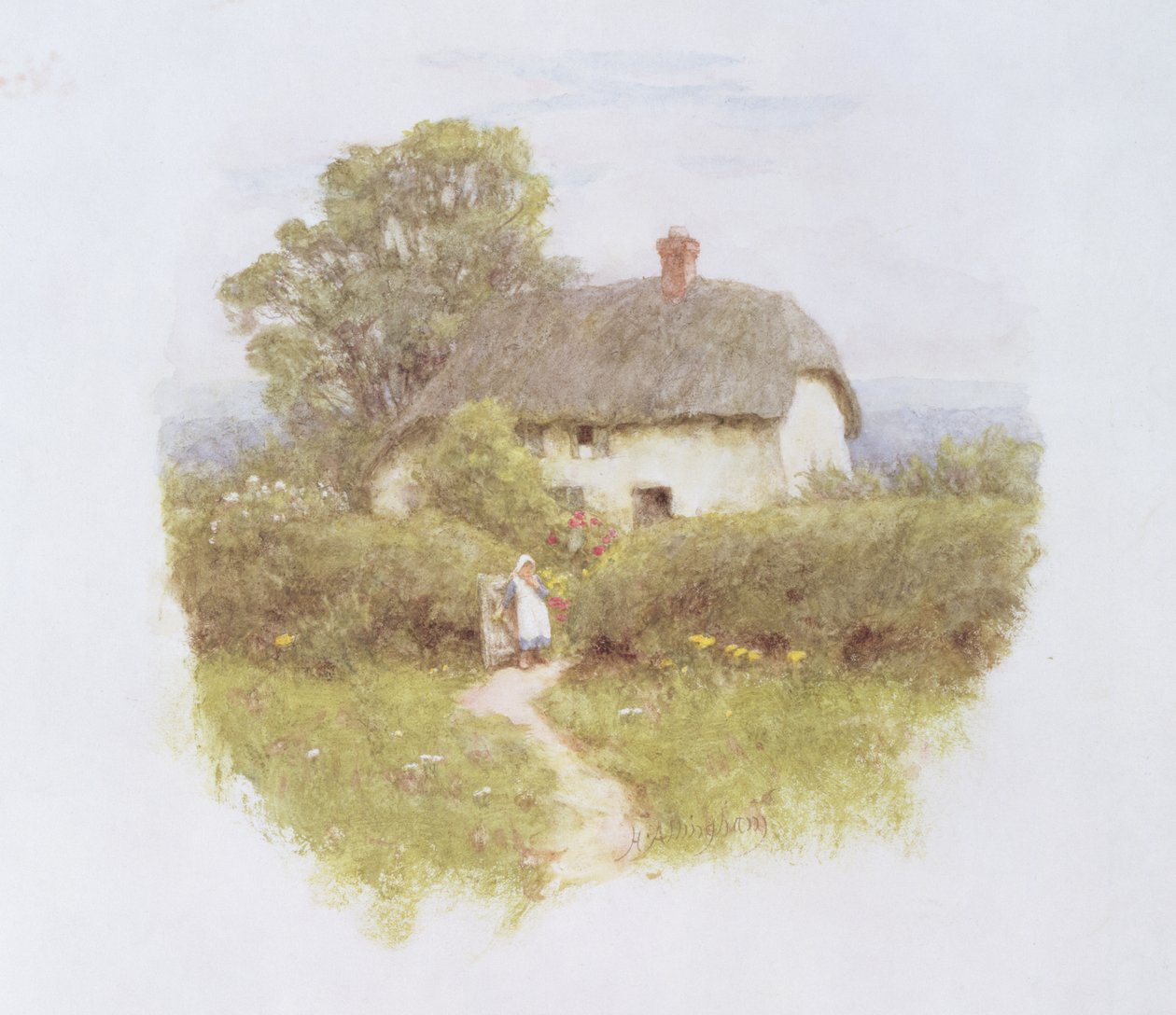 Ung flicka vid stugporten (wc på papper) av Helen Allingham