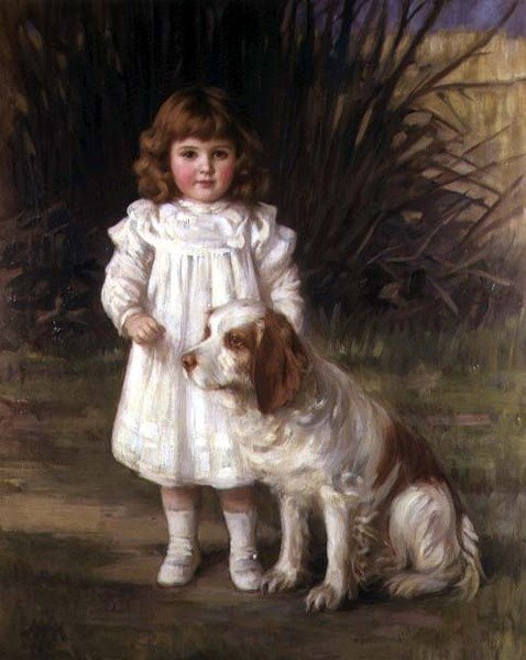 Porträtt av en flicka i en vit klänning med en hund av Helen Howard Hatton