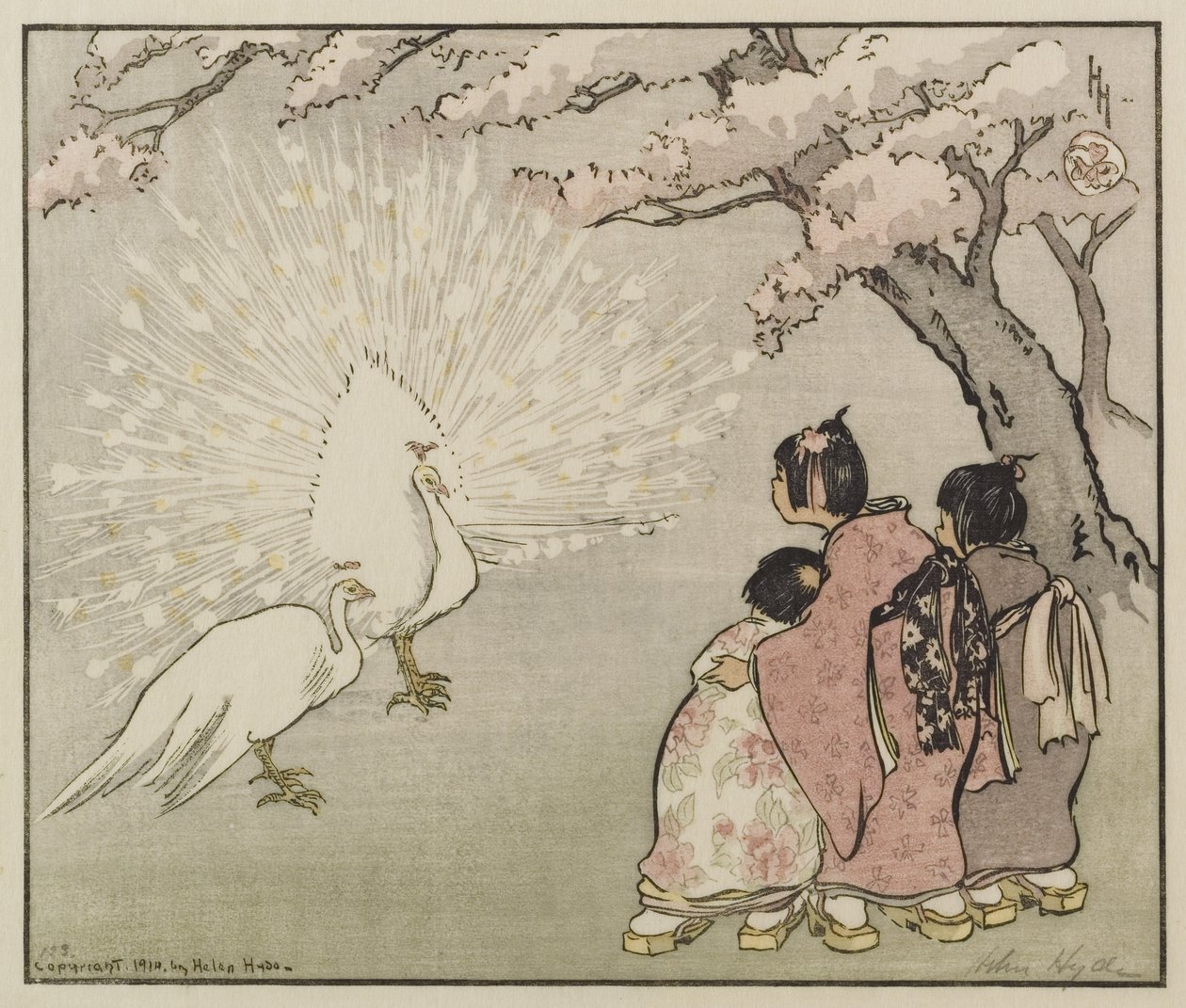 White Peacock, 1914 (träsnitt i färg) av Helen Hyde