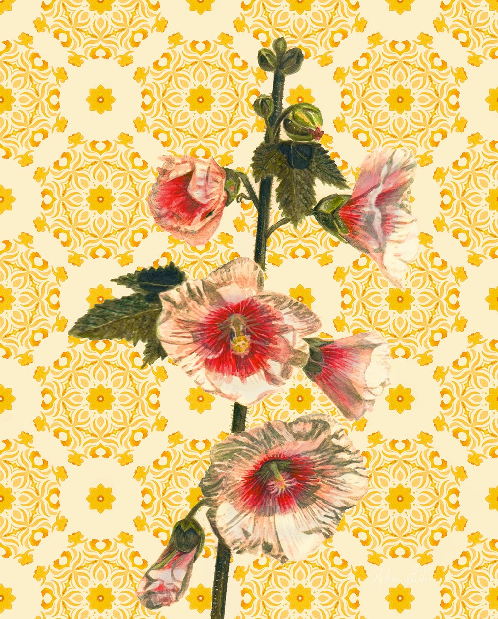 Hollyhocks on Sunshine, 2021 (akvarell) av Helen White