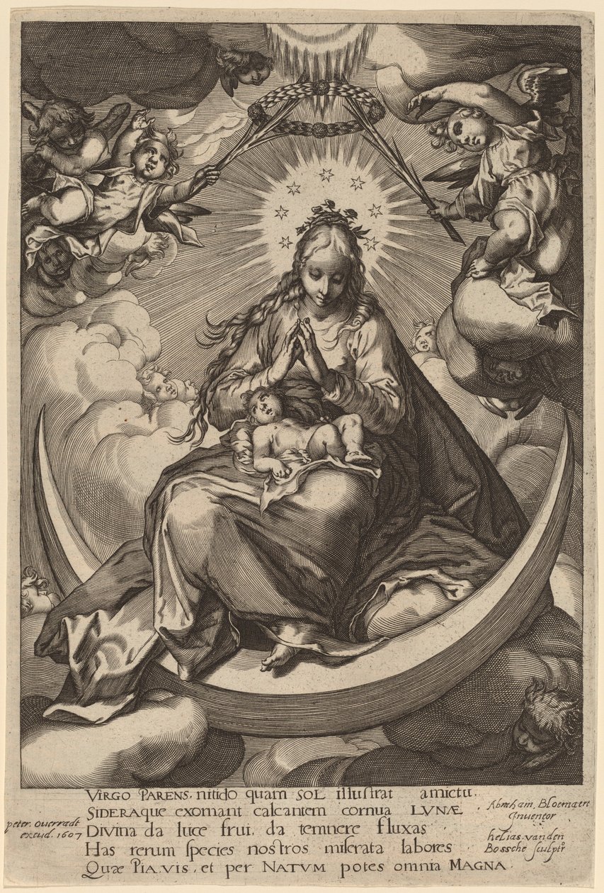 Jungfrun och barnet på halvmånen av Helias van den Bossche after Abraham Bloemaert