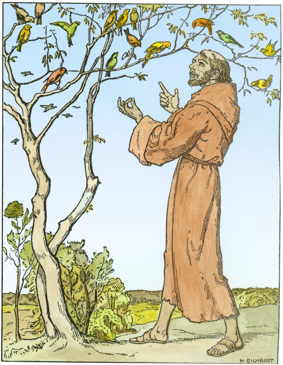 Franciskus av Assisi (ca 1181-1226) predikar för fåglarna (senare färgsättning) av Hellmut Eichrodt