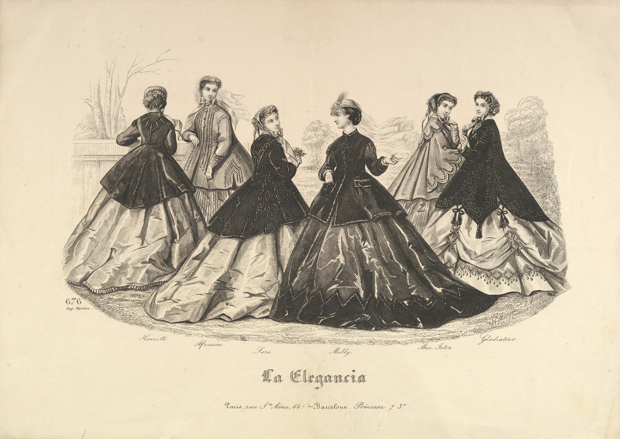 Sex kvinnor utomhus, nr 676, från La Elegancia, 1865-66. av Heloise Leloir