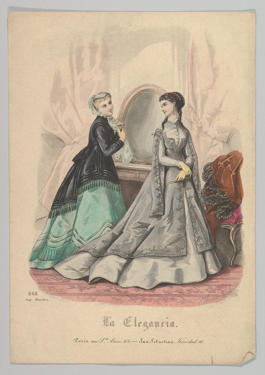 Två kvinnor med en spegel, nr 868, från La Elegancia San Sebastian, 1800-talet. av Heloise Leloir