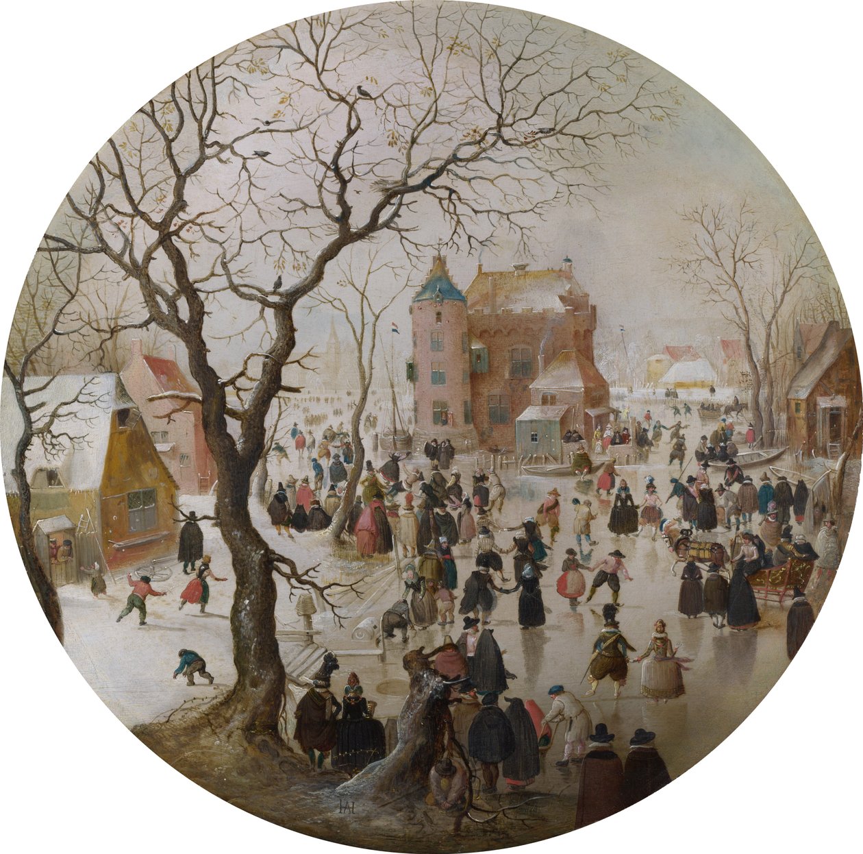 En vinterscen med åkare nära ett slott av Hendrick Avercamp