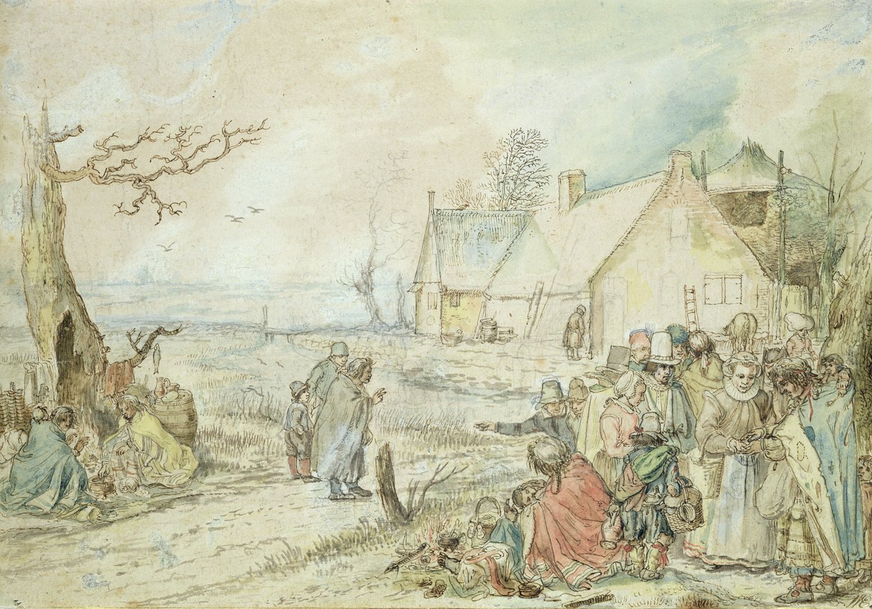 Mandhari yenye Gypsy Fortune Tellers (kalamu na wc kwenye karatasi)swed av Hendrick Avercamp