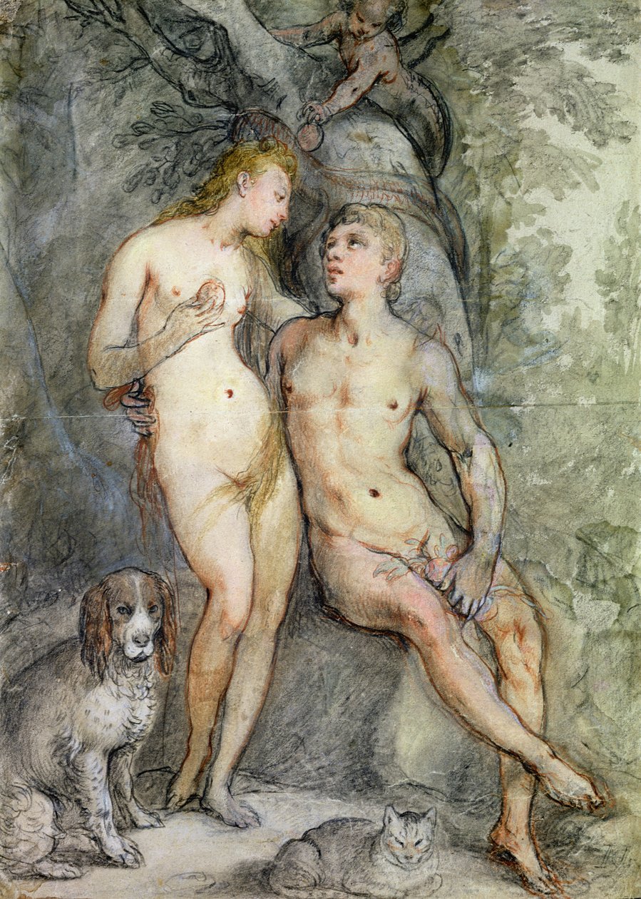 Adam och Eva (penna och färgpenna på papper) av Hendrik Goltzius