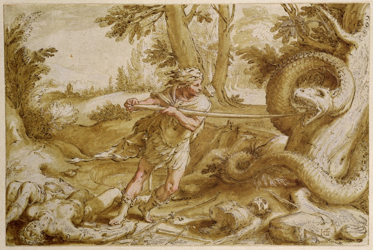 Cadmus på väg att attackera en drake (penna- och bläckteckning med brun tvätt och vit markering) av Hendrik Goltzius