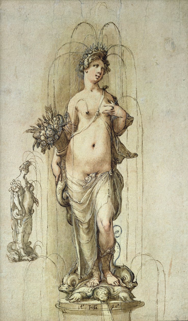 Design för en fontän med en figur av överflöd, 1598 (penna och brunt bläck och wc på papper) av Hendrik Goltzius