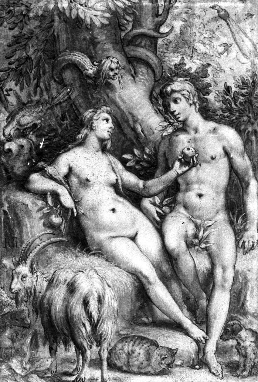 The Temptation, ca 1597 (penna, bläck och tvätt på papper) av Hendrik Goltzius