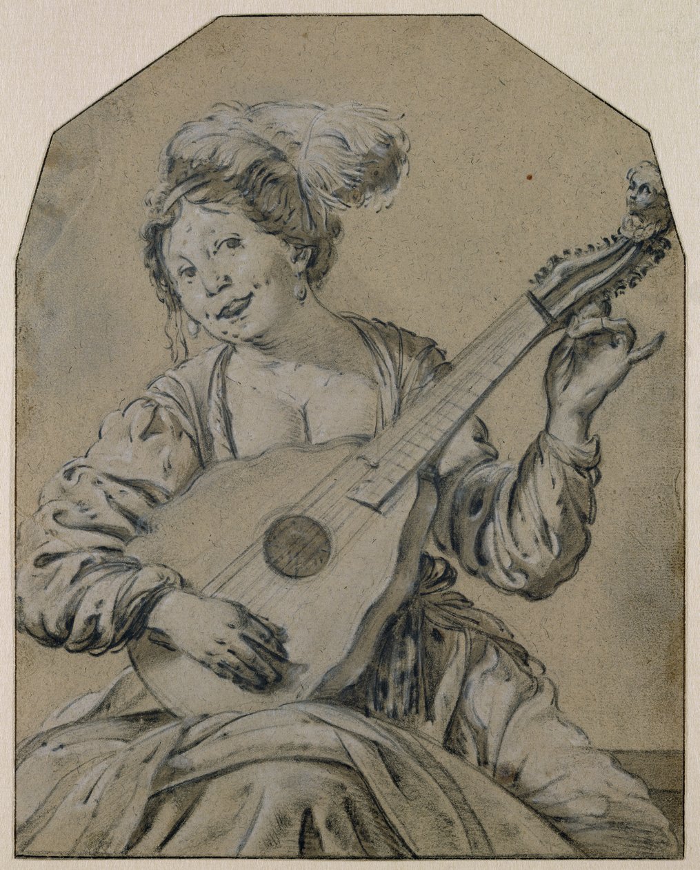 Lutspelaren (svartvit krita på papper) av Hendrick ter Brugghen