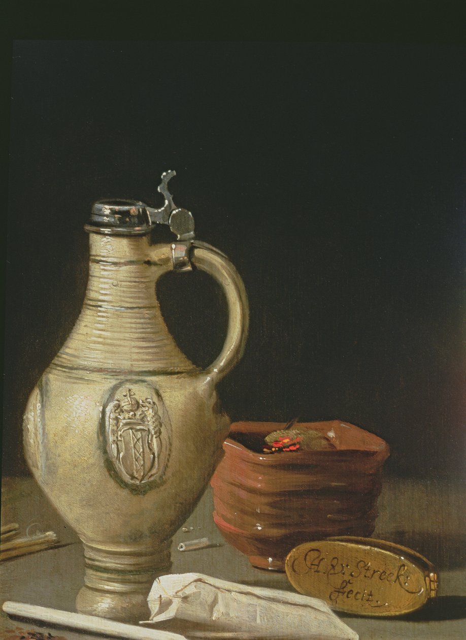 Stilleben med en lergods från Amsterdam, en skål med kol och tobakspåse av Hendrick van Streeck